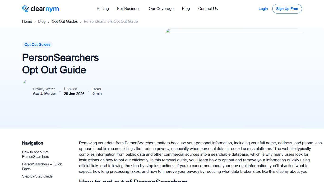PersonSearchers Opt Out & Remove Your Data - [2026] Guide Clearnym